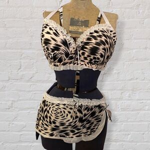 Lady Q Ivory Black Animal Print Bra and Panties with Lacy Skirt Lingerie Set